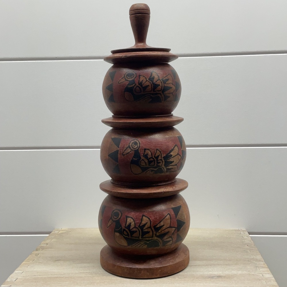 Vintage Folk Art Hand Painted Wooden Stacking 3 Tier Bird Canister Set Lid 9.5"